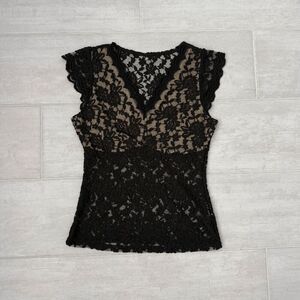 Black Lace Blouse Sleeveless Top Sheer Bust Lining Stretch Small V Neck Ruffle